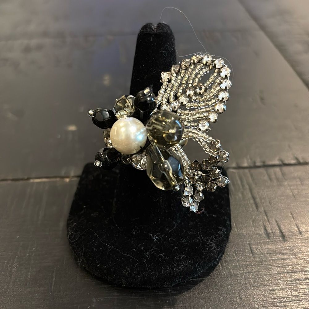 Cocktail Statement Elegant Black Silver Gold Tone Beaded Ring